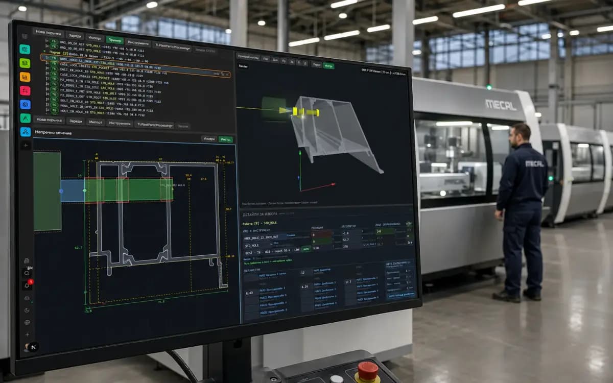 Екран за обработка в RA Workshop на CNC станция с линия MECAL в цеха отзад